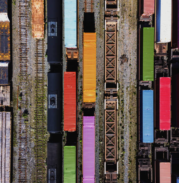 aerial view of rail yard - transportation railroad track train railroad car imagens e fotografias de stock