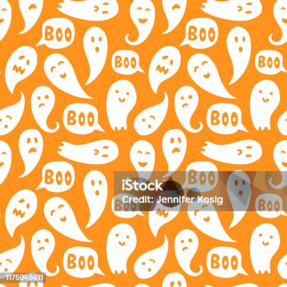 istock Seamless ghost illustrations pattern with halloween "boo" texts and orange background 1175048611