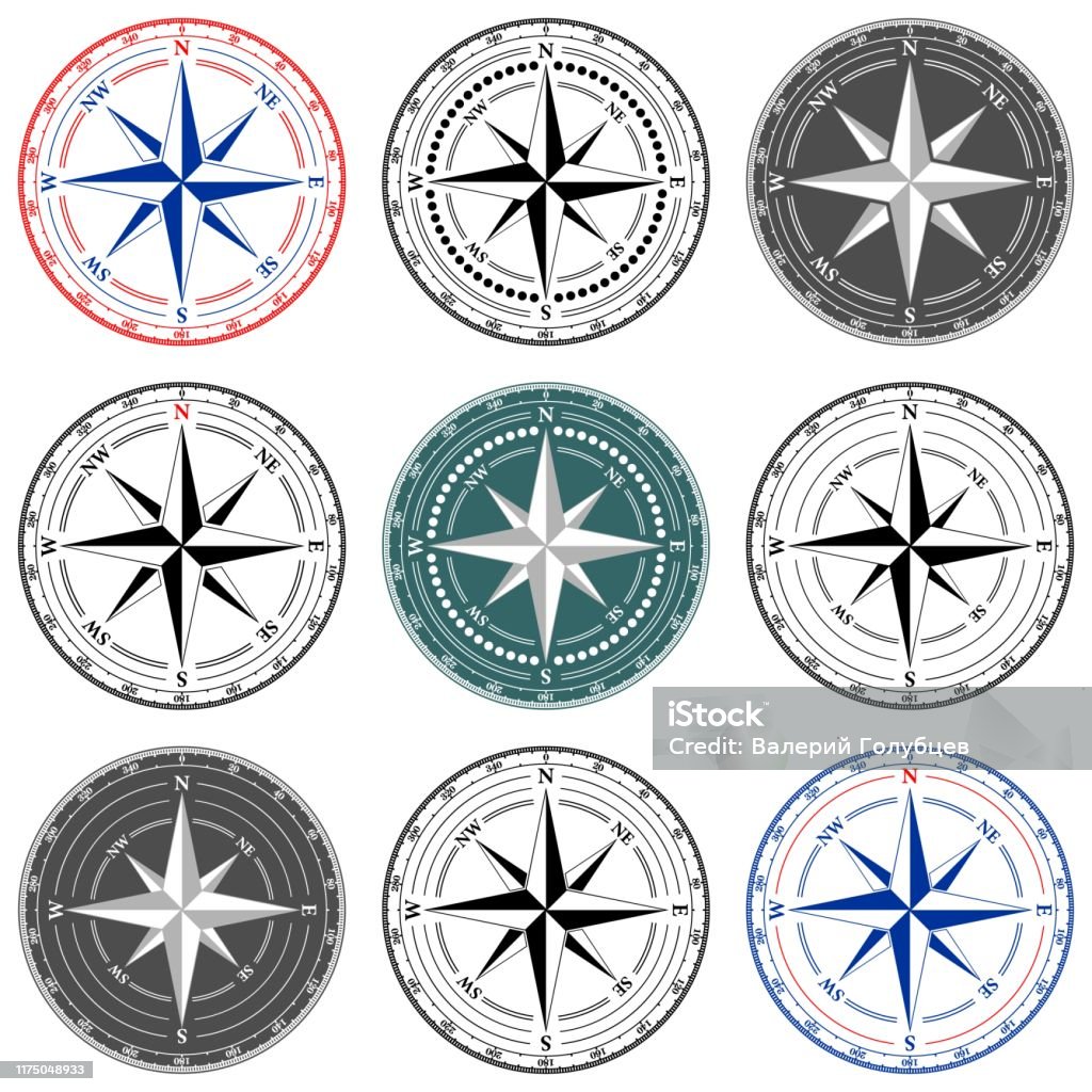 Compass Dial Numbers Dial Compass Set With Windrose 9 Vector Illustrations Stock ...