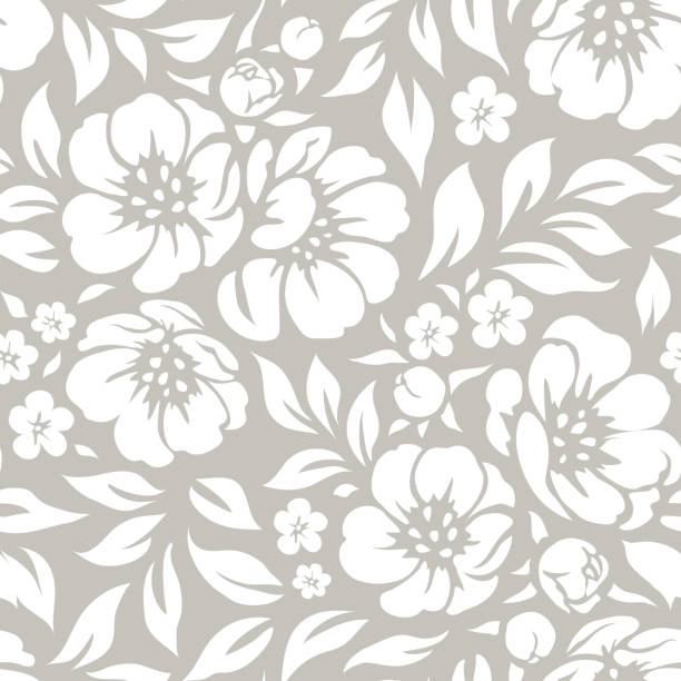 ilustrações de stock, clip art, desenhos animados e ícones de seamless vector floral wallpaper. decorative vintage pattern with flowers and twigs. white peony silhouette on gray background - silhouette backgrounds floral pattern vector