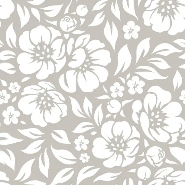 Vector illustration of Seamless vector floral wallpaper. Decorative vintage pattern with flowers and twigs. White peony silhouette on gray background