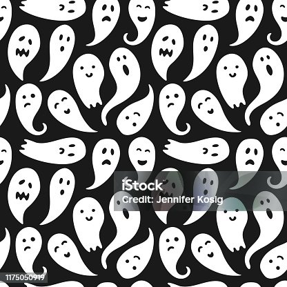 istock Seamless ghost illustrations pattern with black background 1175050919