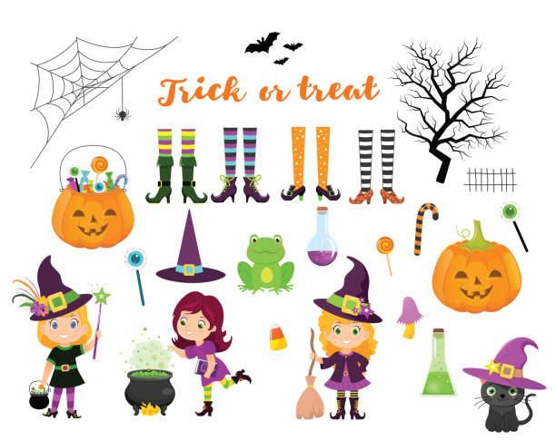 Ilustración de Conjunto De Brujas Y Elementos De Diseño Para Halloween y  más Vectores Libres de Derechos de Gatito - iStock