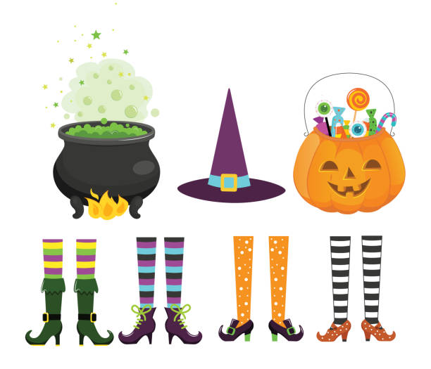 satz von design-elemente für halloween - witchs stock-grafiken, -clipart, -cartoons und -symbole