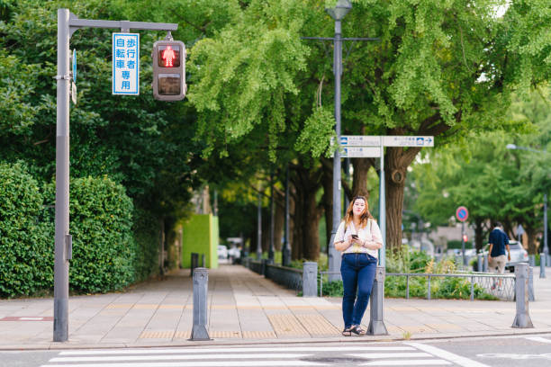 Young happy woman using smart phone in city