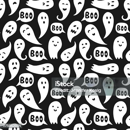istock Seamless ghost illustrations pattern with "boo" texts and black background 1175052034