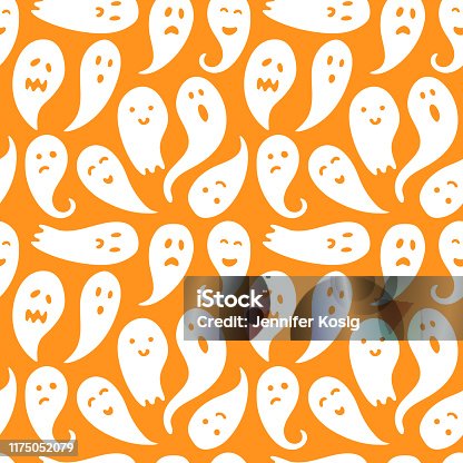 istock Seamless ghost illustrations pattern with orange background 1175052079