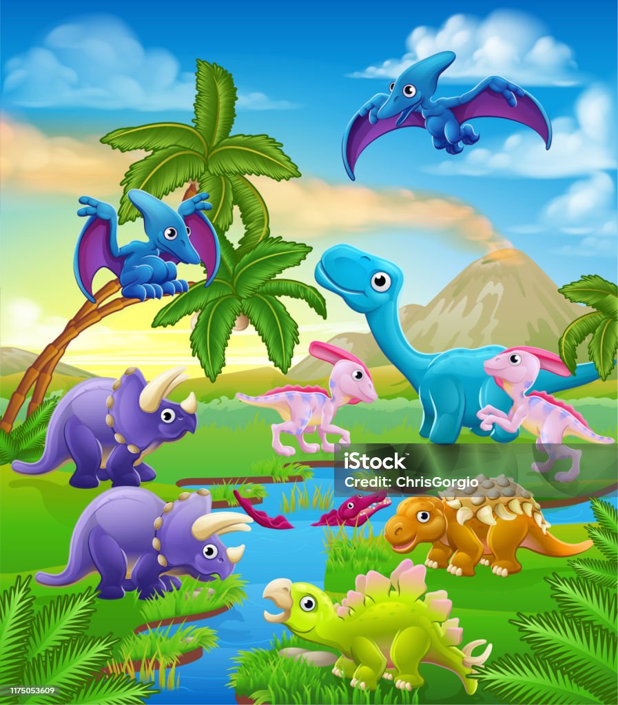 Dinosaur Cartoon Prehistoric Landscape Scene Stock Illustration - Download  Image Now - Dinosaur, Cartoon, Three Dimensional - iStock