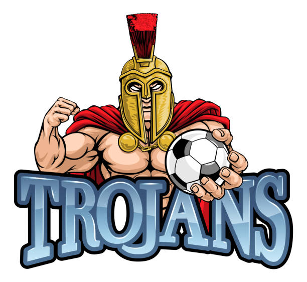 ilustrações, clipart, desenhos animados e ícones de trojan spartan soccer football sports mascote - roman army isolated on white classical greek