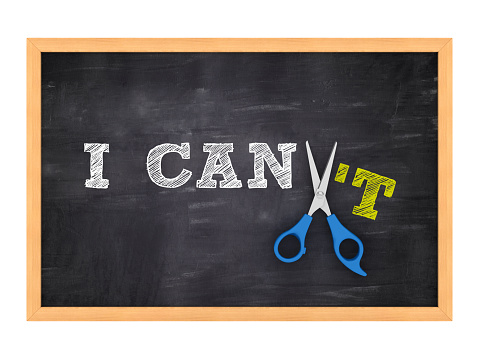 Scissors Cutting I CAN/T / I CAN Words on Chalkboard - 3D Rendering