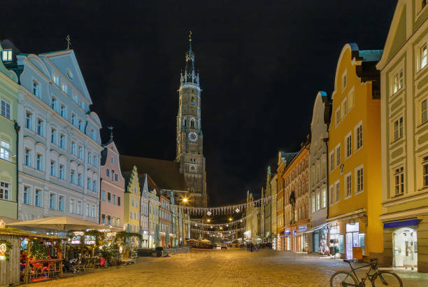 Historical houses on Altstadt street in Landshut in evening, Germany