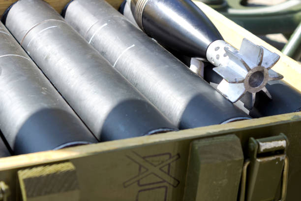 istock Mortar mine close-up. Mines in a wooden box. 1175056542