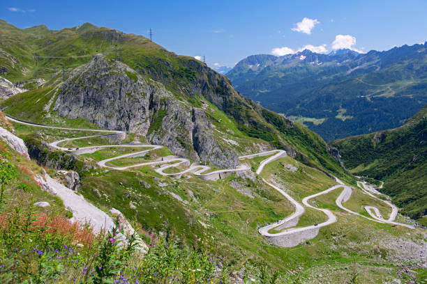 Old road Tremola, St. Gotthard Pass, Ticino, Switzerland The Tremola St Gotthard, located in the Canton of Ticino, is the longest road monument in Switzerland gotthard pass stock pictures, royalty-free photos & images