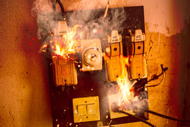 cortocircuito incendio brucia pericolo di vecchio tappo elettrico e interruttore rotto - circuit breaker foto e immagini stock