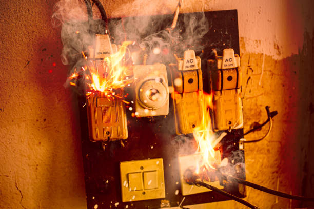 istock Short circuit fire burn danger of old electrical wire plug and broken circuit breaker 1175059238