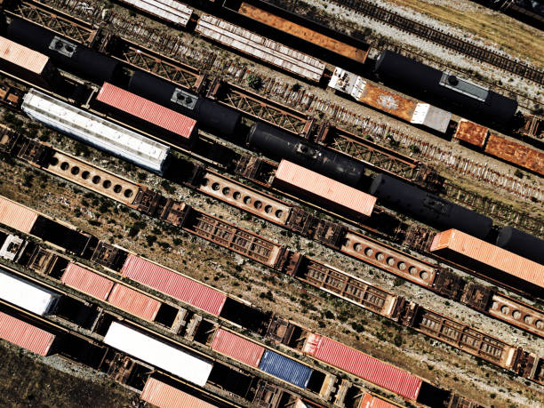 Aerial drone view of a large rail yard.