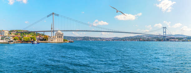 이스탄불의 보스포러스 다리와 오르타코이 모스크, 터키, 파노라마 뷰 - ortakoy mosque bridge bosphorus istanbul 뉴스 사진 이미지