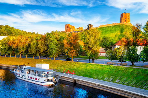 Wilia river and Gediminas Tower on the hill, Vilnius, Lithuania