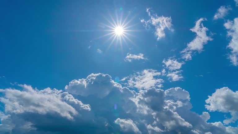 4K Time Lapse of Blue Sky Moving Cloudy with Sharp Sun rays in Summer