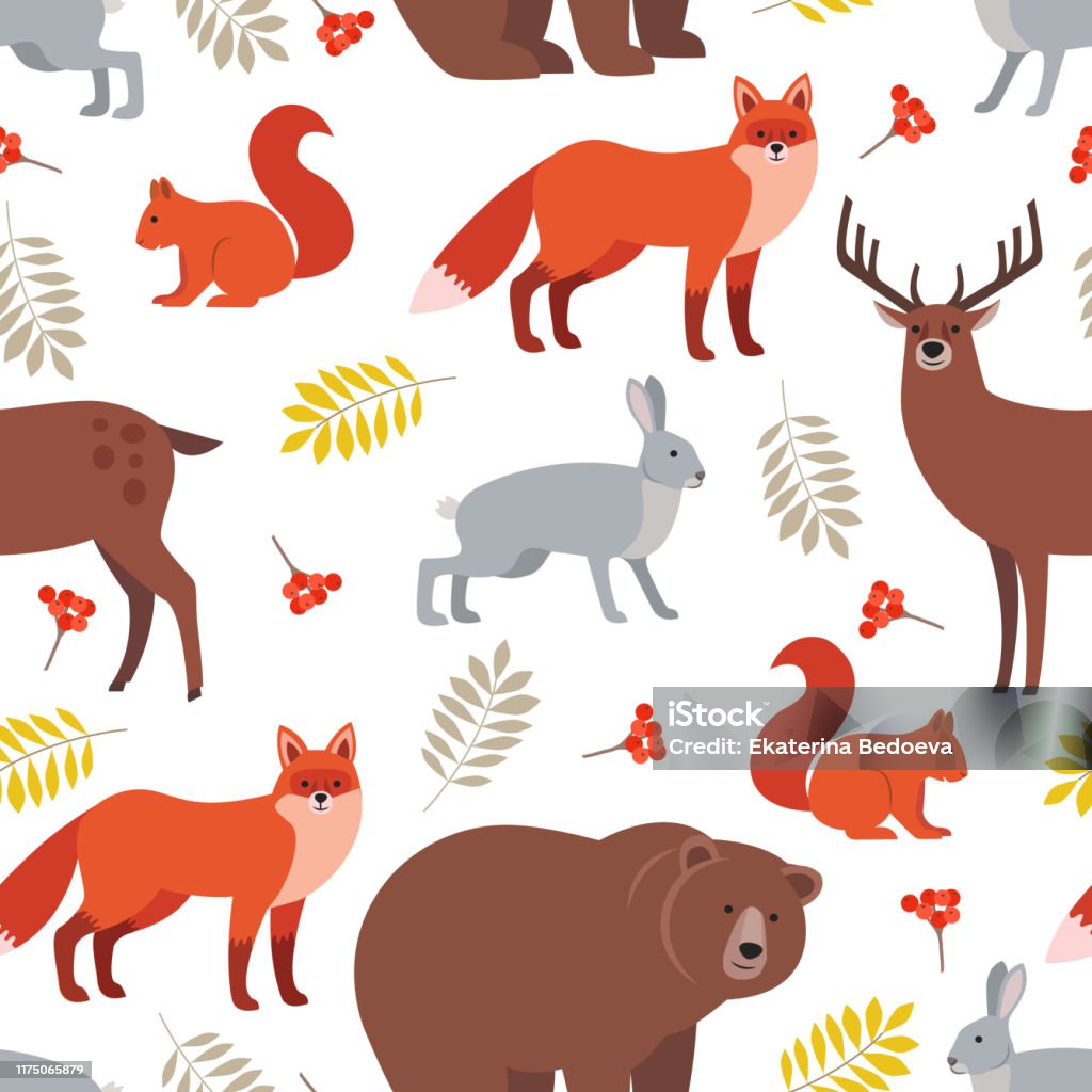Seamless Pattern Of Forest Animals And Plants Fox Deer Bear Hare Squirrel  Autumn Leaves Rowan Berries Isolated On White Background Stock Illustration  - Download Image Now - iStock