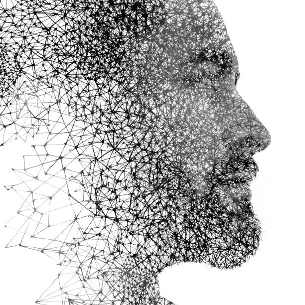 Paintography. Double exposure portrait of a handsome man combined with drawing of interconnecting lines dissolving into his face, on isolated white background stock photo