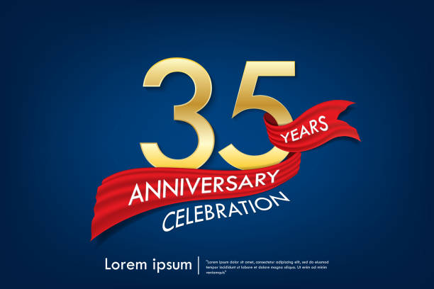 35th years anniversary celebration emblem. anniversary elegance golden logo with red ribbon on dark blue background, vector illustration template design for celebration greeting and invitation card 35th years anniversary celebration emblem. anniversary elegance golden logo with red ribbon on dark blue background, vector illustration template design for celebration greeting and invitation card red crown logo stock illustrations