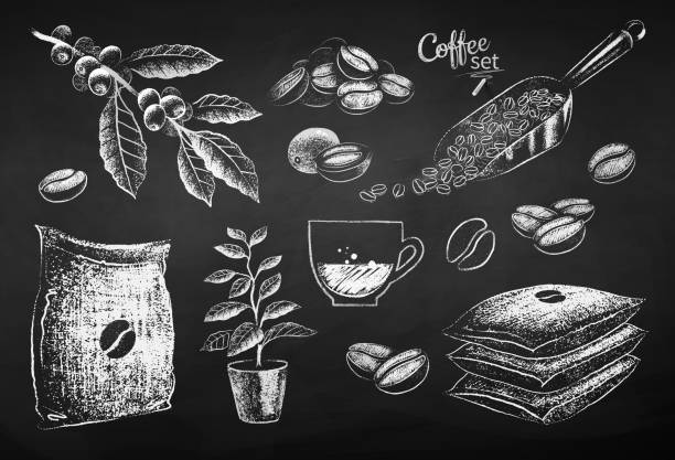 ilustraciones, imágenes clip art, dibujos animados e iconos de stock de colección de artículos de café dibujado sin tiza - coffee bean coffee crop heap backgrounds