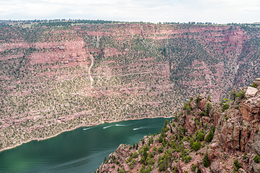 Aerial view from Canyon Rim trail in Flaming Gorge Utah National Park of Green River high angle overlook