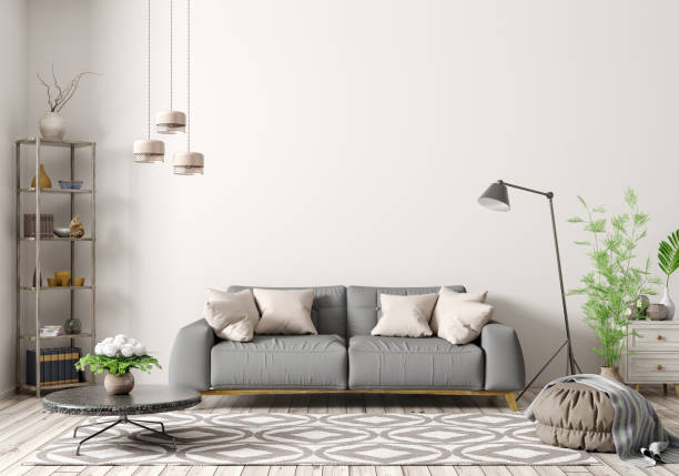 innenraum des modernen wohnzimmers mit grauem sofa 3d rendering - teppichboden couch stock-fotos und bilder