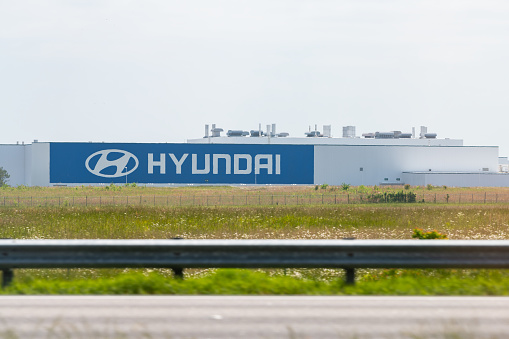 West Point, USA - April 21, 2018: Modern Korean Hyundai Motors Manufacturing plant factory for assembly facility production of cars in Alabama with sign and logo