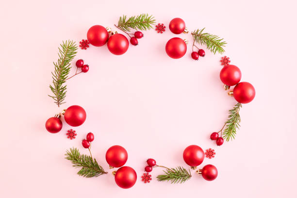 istock Flat lay christmas frame with spruce branches and christmas decorations on a color background 1175074513