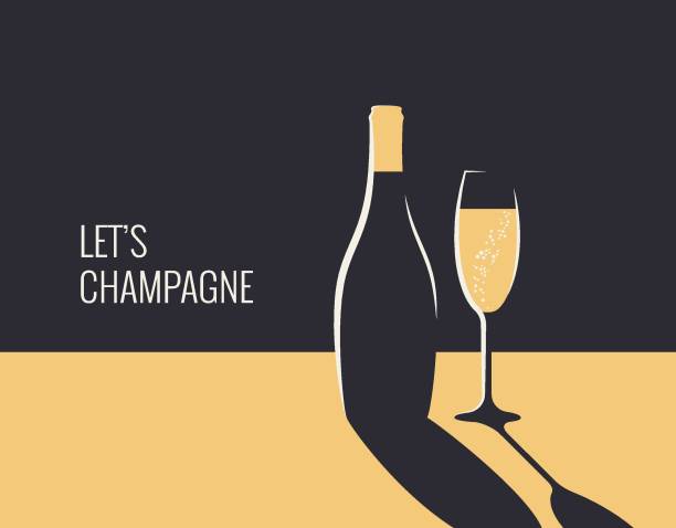 champagner-flasche-banner. glas champagner auf gold- und schwarzem hintergrund - champagner stock-grafiken, -clipart, -cartoons und -symbole