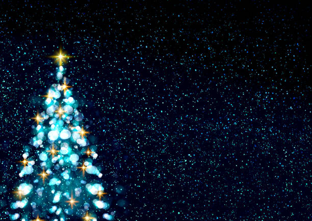 Colorful Christmas tree isolated on blue sky background. stock photo