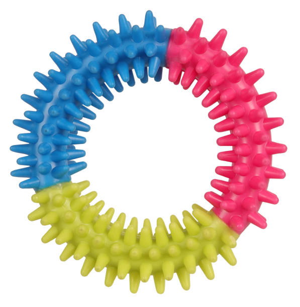 This is a pink yellow blue spiny dog ring for chewing.