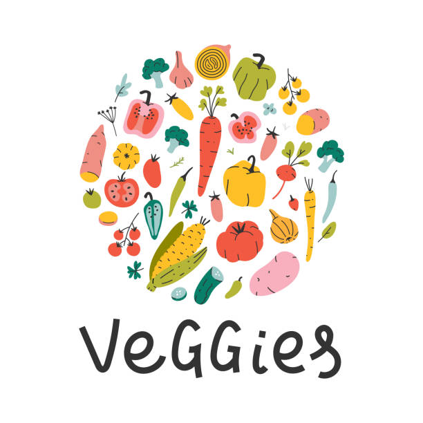 ilustraciones, im�ágenes clip art, dibujos animados e iconos de stock de colección de formas redondas de verduras de estilo de dibujos animados dibujadas a mano. paquete de ilustraciones vectoriales lindas aisladas sobre fondo blanco. estandarte de dieta saludable - farmers market fruit market berry fruit