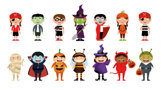 ilustrações de stock, clip art, desenhos animados e ícones de bundle halloween with costume children - halloween witch child pumpkin