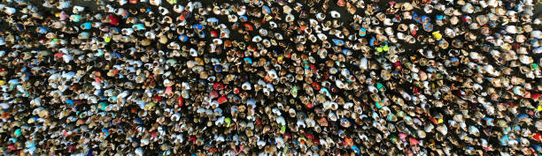Aerial. Banner with people crowd. Top view.