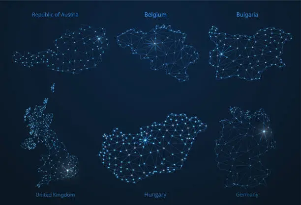 Vector illustration of Map of communication networks of 6 countries of Europa. Vector poly image of a global map with lights in the form of cities or population density, consisting of points and shapes in the form of stars.