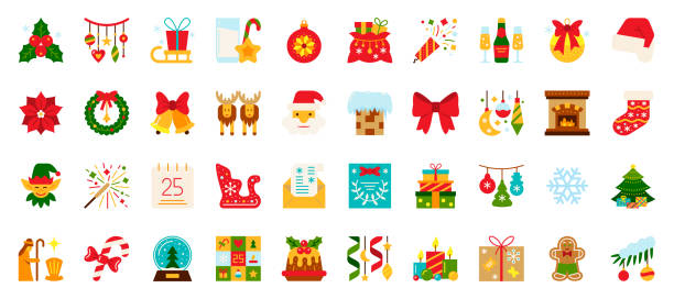 ilustraciones, imágenes clip art, dibujos animados e iconos de stock de navidad año nuevo año plana navidad iconos conjunto vectorial - christmas holiday vacations candy cane