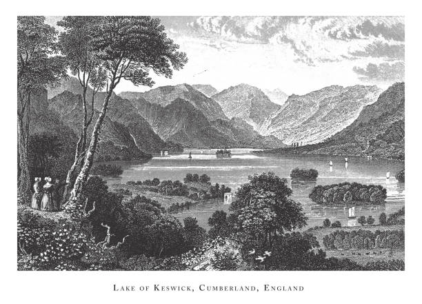 illustrations, cliparts, dessins animés et icônes de lake of keswick, cumberland, angleterre, forests, lakes, caves and unusual rock formation engraving antique illustration, publié en 1851 - italian lake district