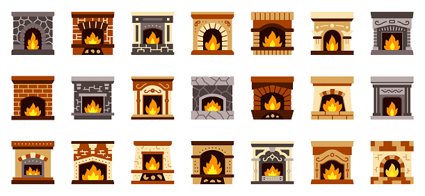 Fireplace color flat icons set. Simple Christmas fire, cozy, Santa present, sock symbol, cartoon style. Xmas home decor pictogram collection Isolated vector illustration. Design for card, print, logo
