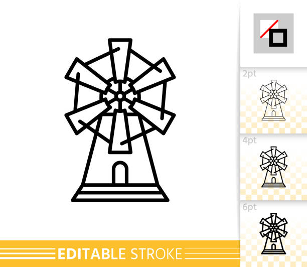windmühle mühle bauernhof einfache dünne linie vektor-symbol - altes backhaus dorf stock-grafiken, -clipart, -cartoons und -symbole