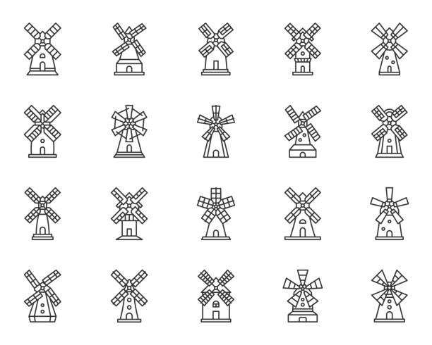 windmühle mühle bauernhof einfache linie symbol vektor-set - altes backhaus dorf stock-grafiken, -clipart, -cartoons und -symbole