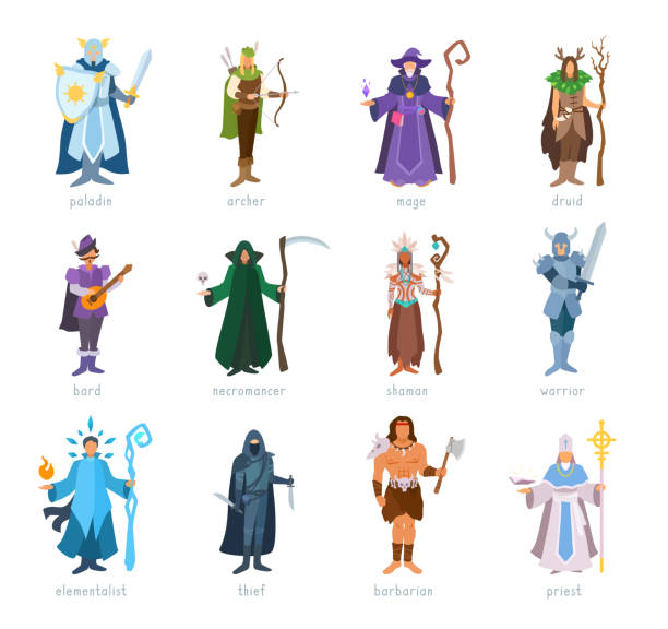 Role-playing game classes set. Armed heroes in costumes standing, posing. Vector illustration isolated on white background. warnock stock illustrations