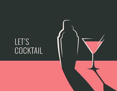 Cocktail party banner. Shaker with cocktail glass on red and black background 8 eps