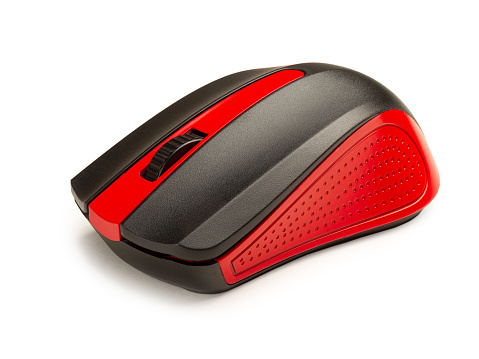 computer mouse wireless isolated on white background, black and red, plastic, gaming