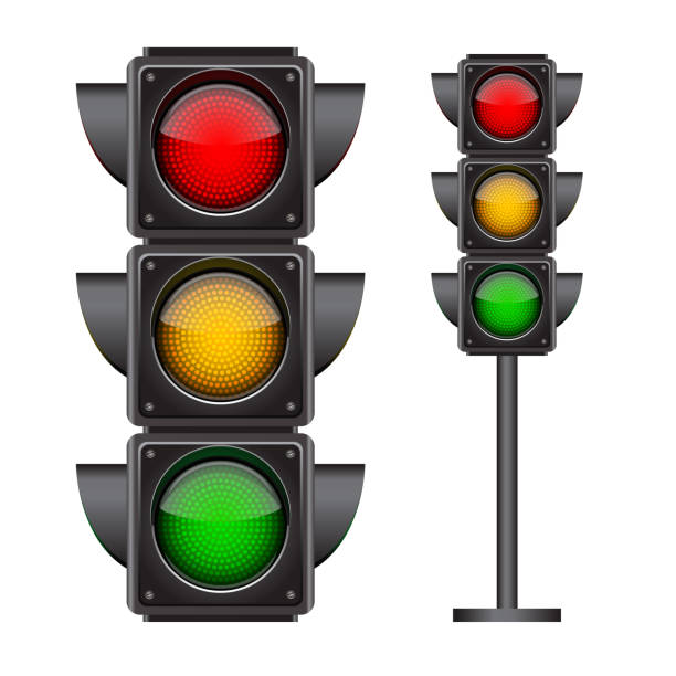 Traffic lights with all three colors on. Traffic lights with all three colors on. Photo-realistic vector illustration isolated on white background stoplight stock illustrations