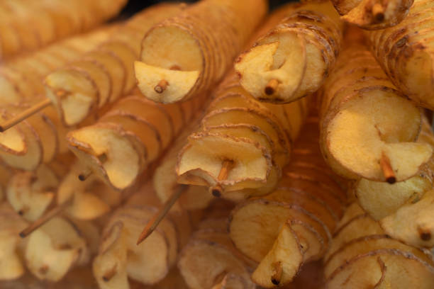 Spiral potato chips on a stick. Potato twister. Deep fried potatoes.