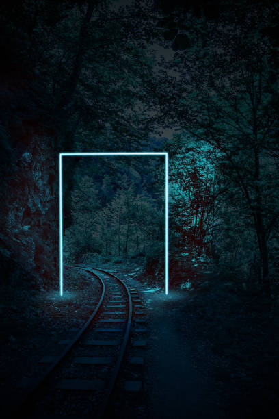 A blue neon frame as an imaginary portal stock photo