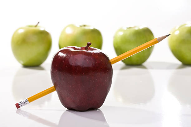 istock Ripe red and green apples with pencil 117509087